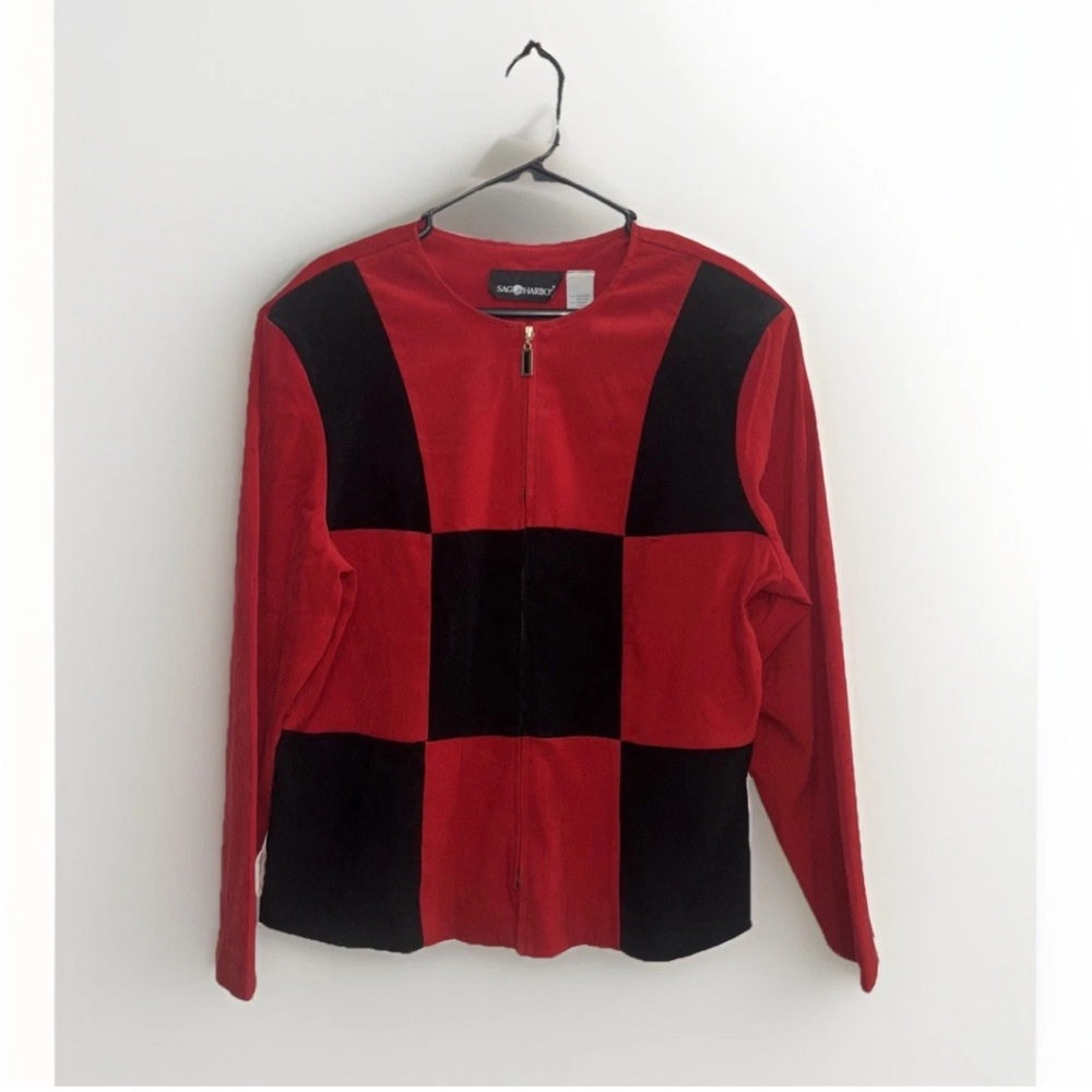 SOLD Sag Harbor Size‎ 18 Red Black Blazer Checkerboard Full-Zip Lined Jacket